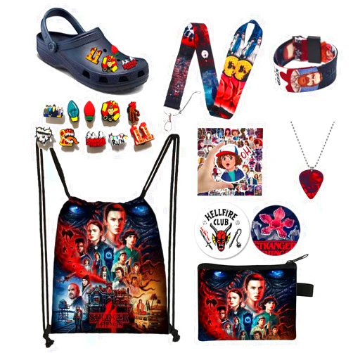 GerRiT Stranger Merch Gift Set, Including 1 Backpack Drawstring Bag,1 Neck Lanyard,1 Bracelet Wristband,2 Badges,1 Guitar Pick,1 Change Purse，1 Set of Hole Shoe Stickers，50 Stickers