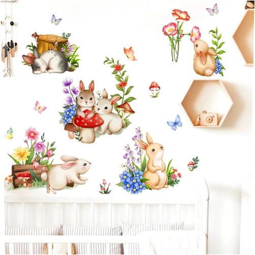 Sacinora Cute Bunnies Flowers and Mushroom Wall Stickers, sacinora Rabbit Cartoon Animal DIY Wall Decals Removable Vinyl Peel and Stick for Living Room Children's Room Bedroom Kitchen Sofa TV Background