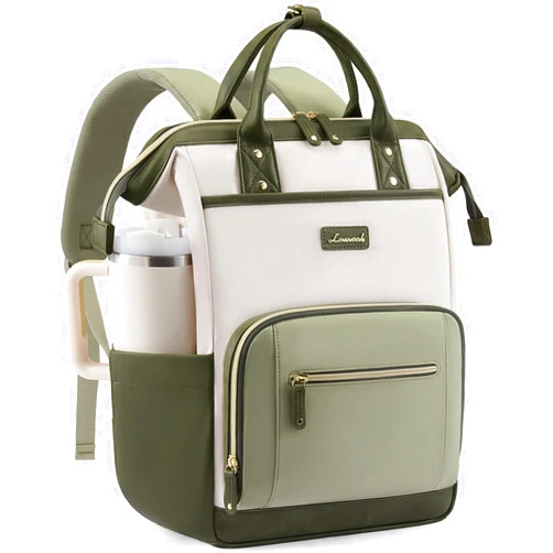 LOVEVOOK Laptop Backpack for Women with Giant Tumbler Holder,15.6 inch Professional Nurse Teacher Backpack Computer Laptop Bag,Cute Travel Backpack Purse Work College Bag,Beige-Bean green-Army green