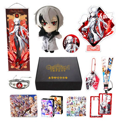 HALOOP Genshin Impact Box Merch Set with 11 Gifts, Plush Poster Acrylic Stand Bracelet Stickers Set, Collectibles for Traveller Fans (Arlecchino)