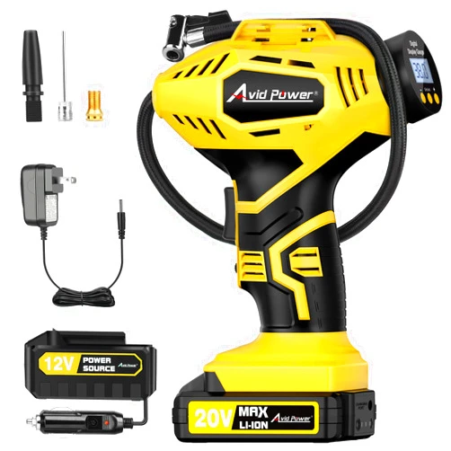 AVID POWER Cordless Tire Inflator Portable Air Compressor, 20V Rechargeable Battery Powered Car Tire Pump w/ 12V DC Adapter, Digital Pressure Gauge, Air Pump for Car, Bike, Motorcycle, Ball