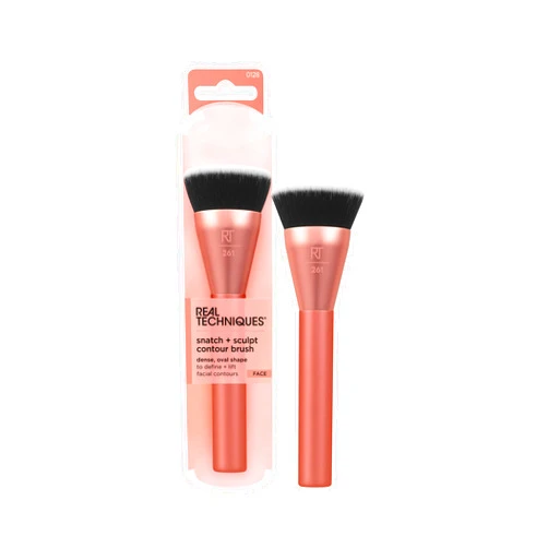 Real Techniques Snatch + Sculpt Contour Makeup Brush, For Liquid & Cream Contour & Bronzer, Flat Top & Oval Head For Blending & Buffing, Dense, Synthetic Bristles, Vegan & Cruelty Free, 1 Count