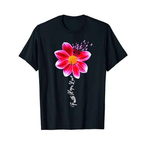 Cancer Awareness Month October Breast Cancer Awareness Pink Flower Ribbon Faith Hope Love T-Shirt
