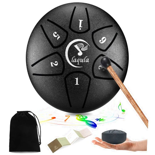 Laqula Mini Steel Tongue Drum 3 Inch 6 Notes Drum Percussion Instrument with Music Book Drum Mallet Carry Bag for Meditation Yoga Entertainment Musical Education (Black)