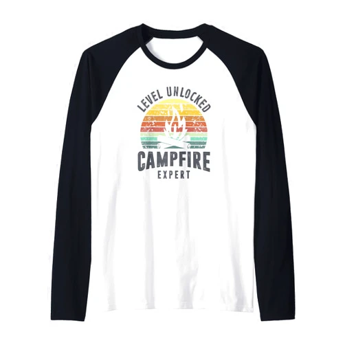 TooMerch Campfire Expert Campfire Expert Level Unlocked Best Adventure Traveler Group Raglan Baseball Tee