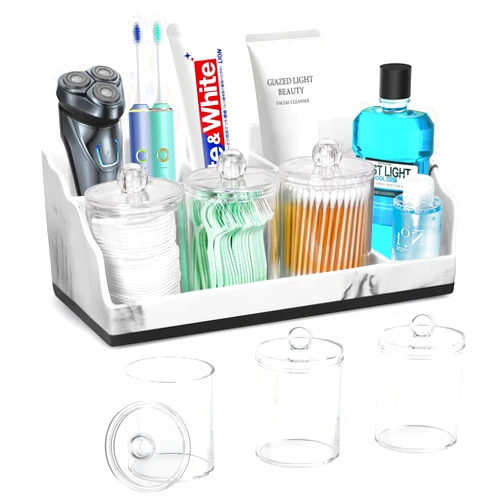 TuCao Marble Bathroom Countertop Organizer, Toothbrush Holders for Bathroom with 3PCS Qtip Holder Dispenser and Toothpaste Holder Drainage for Bathroom Accessories Organization Counter Vanity Storage
