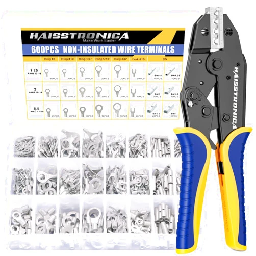 haisstronica 600pcs Non-Insulated Wire Terminals Set Contain AWG 22-6 Wire Terminals Crimping Tool with AWG 22-10 Non Insulated Butt connectors