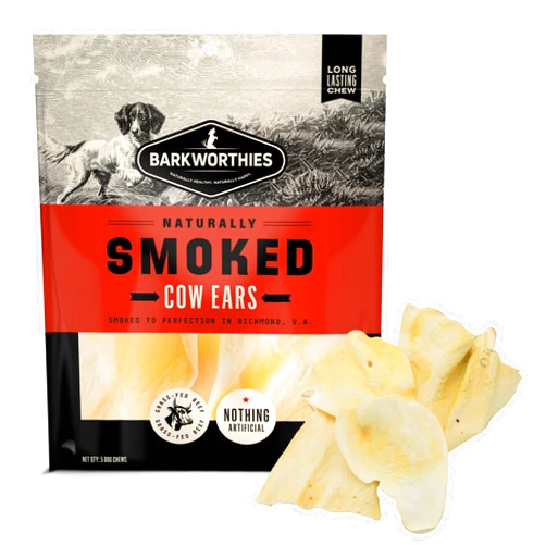 Barkworthies Smoked Cow Ears for Dogs, 5 Count (Pack of 1) - All-Natural, High-Protein Hickory-Smoked Dog Chews - Highly Digestible Treats - Supports Dental Health