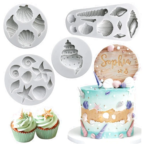 Sakolla Marine Theme Fondant Molds, 4 PCS Seashell Conch Starfish Baking Silicone Molds for Cake Decoration Chocolate Soap Crafting