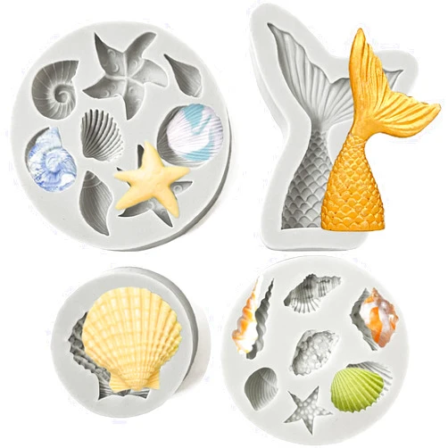 FantasyBear Mermaid Silicone Mold,Mermaid Tail,Seashell,Conch,Starfish Silicone Mold for Cupcake Toppers,Candy,Chocolate,Fondant,Polymer Clay,Craft Cake Decoration (4pcs Seashell Mold)