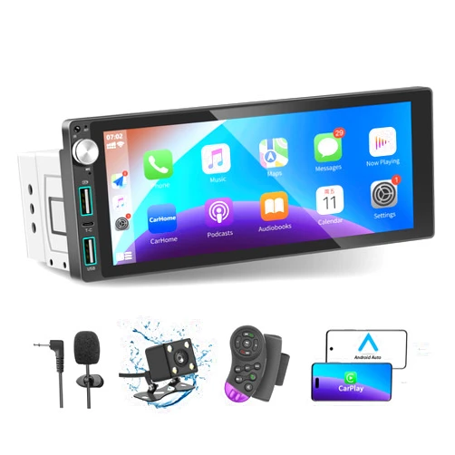LSLYA Single Din Car Stereo with Apple Carplay/Android Auto,6.9 Inch IPS Touch Screen Car Stereo wirh Backup Camera, Car Raido Support Mirror Link/Bluetooth Handsfree/FM/USB/EQ/SWC/Fast Charging