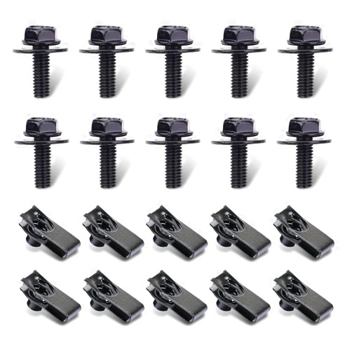 UGSHY 20 PCS Automotive Body Bolt and U-nut Clamp Kit, Hood Guard Spiral, Bumper Fender Liner Push Pull Metal Rust-Resistant U Retainer, Universal for Most Cars Fastening Accessories (Black)