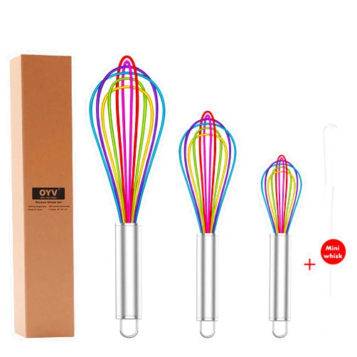OYV Silicone Whisk,Professional Whisks For Cooking Non Scratch,Stainless Steel & Silicone Wisk,Plastic Rubber Whisk Tool For Nonstick Cookware,Silicon Wisks Set of 3,Rainbow,for Blending,Colorful.
