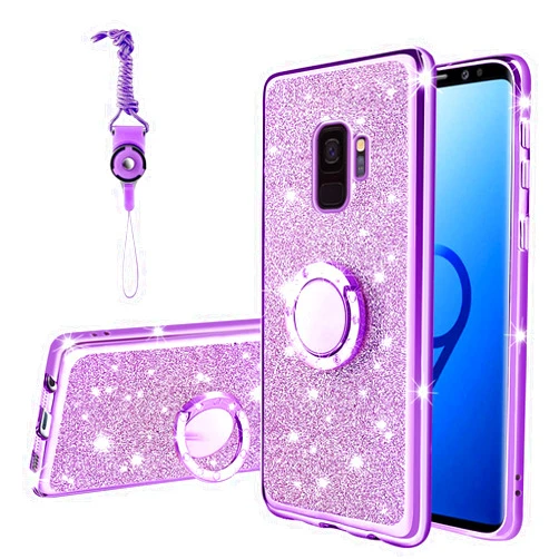 KuDiNi for Samsung Galaxy S9 Case, Galaxy S9 Case for Women Glitter Crystal Soft Clear Tpu Luxury Bling Cute Protective Cover with Kickstand Strap for Samsung Galaxy S9 Case (2018) (Glitter Purple)