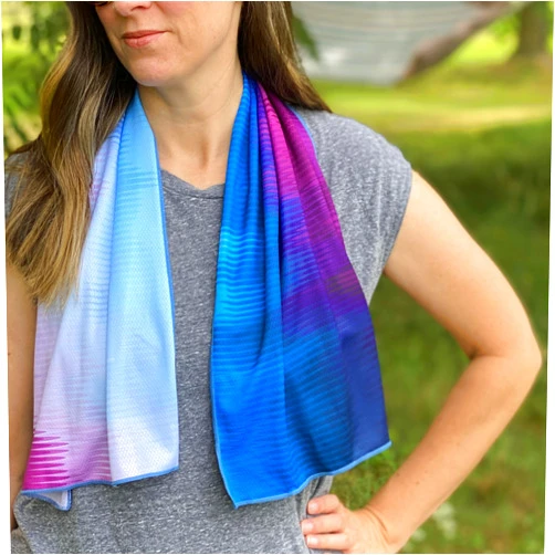 SHAKEitCOOL Extended Size Cooling Towel – Be Cool in Style - Heat Relief, Soft, Lightweight, Sun Protection, Easy Clean - Perfect for Biking, Hiking, Running, Yoga, Golf - Blue Purple Wave M