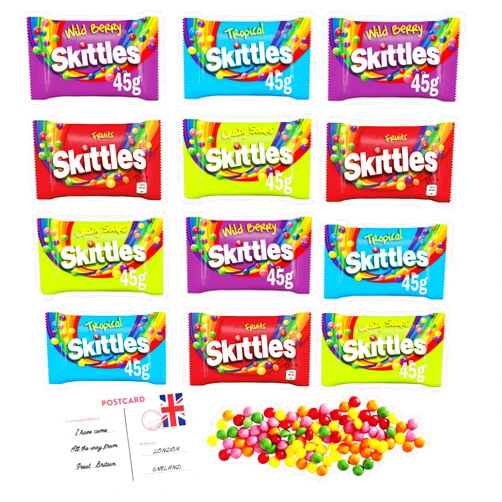 House of Gifts Skittles Variety Pack | British Candy Sweets | 12 Packets of Skittle – Tropical, Smoothies, Wild Berry, Original and Sours