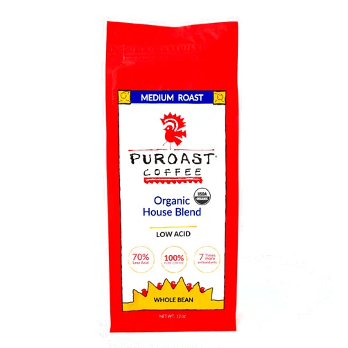 Puroast Coffee Puroast Low Acid Coffee Bean | Organic House Blend Roast Whole Bean | Medium Roast | High Antioxidants & High pH |No Bitter Aftertaste | Reduced Heartburn & GERD | Suitable for Cold Brew - 12 oz