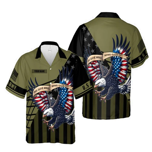 Woseprints Custom US Army Veteran Hawaiian Shirt Short Sleeve Button Down Personalized Military Pride Eagle American Flag Casual Shirts
