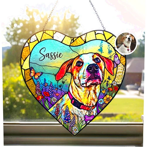 Love Signal Personalized Dog Stained Glass Light Catcher, Custom Pet Portrait Window Hanging, Loss of Dog Sympathy Gift, Pet Remembrance Gifts for Dogs Mom, Cat Memorial Gift, Dogs Owner Gifts 3
