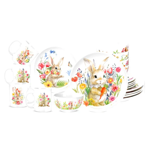 Zhehao 16 Pcs Easter Bunny Dinnerware Set Ceramics Rabbit Floral Dishware Include 10 Inch Dinner Plate 7 Inch Salad Plate 5