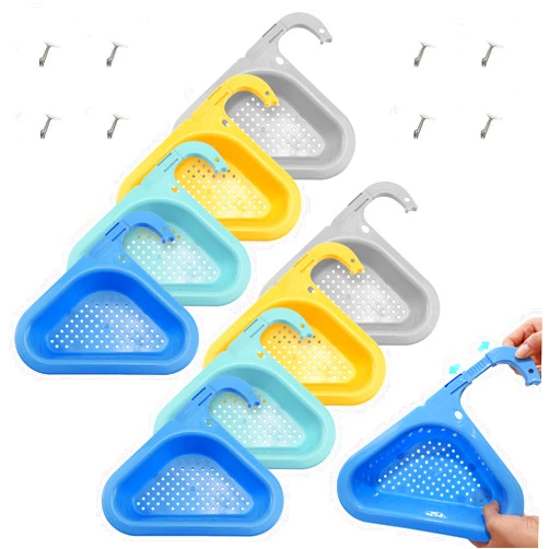 Klyuqoz Sink Swan Drain Basket Pack of 8, Adjustable Kitchen Sink Drain Basket, Triangle Sink Basket with Sticky Hook, Upgrade for Kitchen Sink Hangs on Faucet (4 Colors)