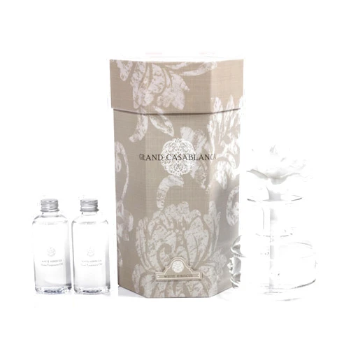 Zodax Grand Casablanca Porcelain Oil Diffuser - Home Fragrance Oil Diffuser Ideal for Living Room, Bathroom, Office - Flower Design - Gift Box Packaging Included - White Hibiscus - 6.76 Oz.