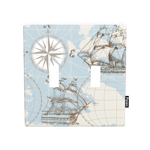 Pznen Nautical Coastal Double Toggle Switch Covers Sailboat Lighthouse Compass Anchor Wall Plate Home Decorative Light Switch Covers Standard Size 2-Gang