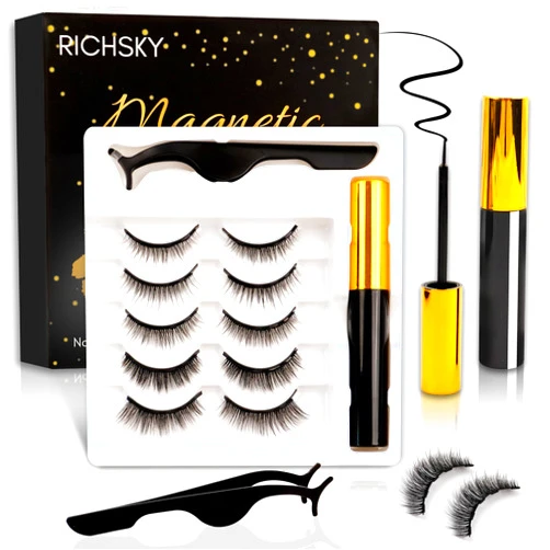 RICHSKY Magnetic Eyelashes, 3D Reusable Natural Magnetic Eyelashes Waterproof Set with 10ml Upgraded Hypoallergenic Magnetic Eyeliner Kit,Easy to Apply-No Glue(5 Pairs)
