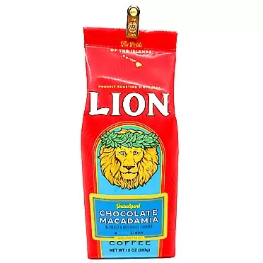 Lion Coffee CHOCOLATE MACADAMIA, Ground, Light Roast, 10 Oz. Bag with Exclusive Lion Coffee Factory Direct Brand Registered Sticker, INDULGENT