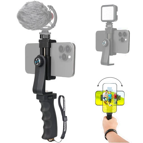 Fantaseal Ergonomic Anti-Falling Cell Phone Vlogging Hand Grip Stabilizer Smartphone Holder Rig Mount Video Kit w/Safety Strap Portable Selfie Stick for iPhone Samsung (Landscape+Portrait)-Mic/Light Adapter