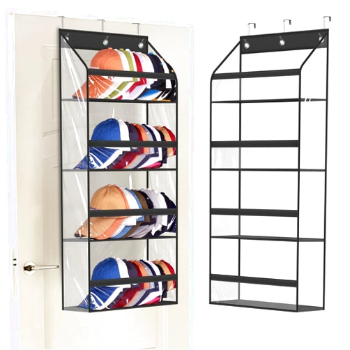 AOODA Clear Over the Door Hat Racks for Baseball Caps, Hold 48 Caps Hat Storage Organizer for Closet Wall, Deep Pockets Hanging Hat Holder Shelves with 3 Hooks, Black