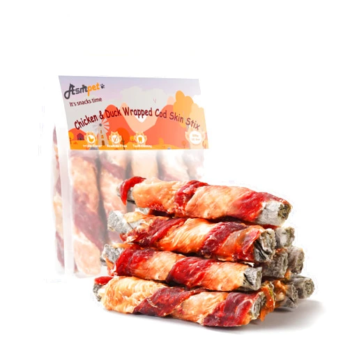 ASMPET Dog Treats, Chicken&Duck Wrapped Cod Skin High Protein Omega 3 Rawhide Free Grain Free Dog Chews Healthy Dog Treats for Small Medium Large Dogs Training Rewards 10.6 oz