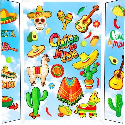 HOWAF 8 Sheets Mexican Fiesta Party Window Clings, Cinco De Mayo Party Decoration Window Stickers, Cinco De Mayo Window Decals Mexican Carnival Static Window Stickers, Self Adhesive