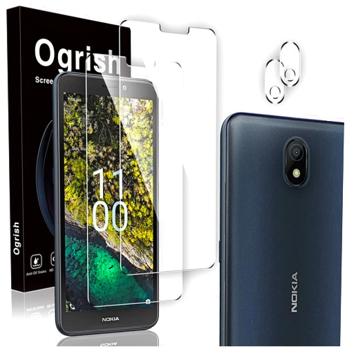Ogrish [2+2 Pack Screen Protector for Nokia C100 and Camera Lens Protector - Tempered Glass,Anti-fingerprint,Shatter Proof,HD Clarity