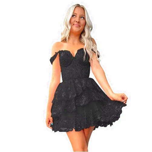 ZSHAOLHYJYZS Tiered Lace Applique Homecoming Dresses for Teens A-Line Off The Shoulder Sparkly Sequin Prom Dress