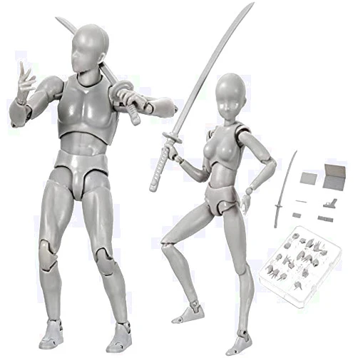 AHOHOS Action Figure Drawing Models, Human Mannequin Body Kun Doll Body-Chan Male/Female Action Figure DX Set, Suitable for Sketching, Painting, Drawing Mannequin Models for Artist,Gray Male+female