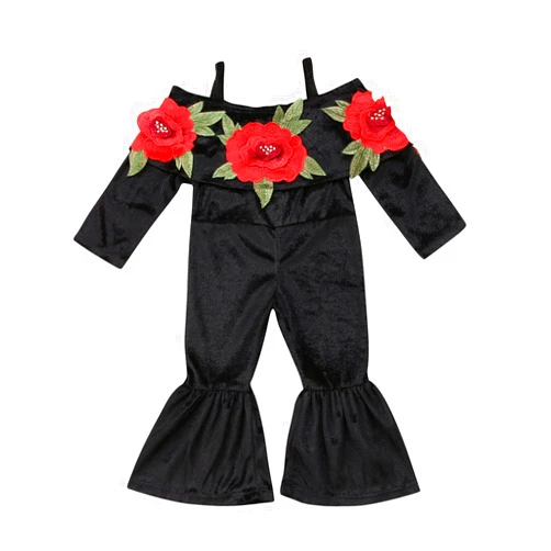 GoodFilling Toddler Baby Girls 3D Applique Flower Ruffle Flared Velvet Jumpsuit Romper Overalls