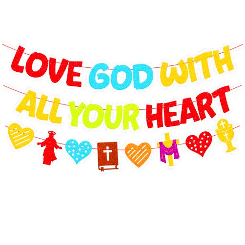 OKUSUN Christian Bulletin Board Love God with All Your Heart Banner Sunday School Decorations Kid Religious Bible Verse Classroom Decor