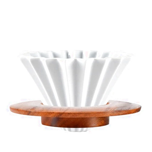 Goodening Ceramic Coffee Dripper Pour Over Coffee Maker with Wood Stand Elegant Flower Shape V60 Filter (white)