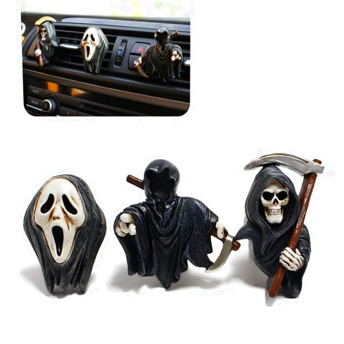 DYEKNEE 3 PCS Car Air Conditioning Vent Decoration Ornaments, Three Kinds of Grim Reaper-shaped Resin Halloween Festival Atmosphere Clips, Personalized Accessories, Suitable for Most Cars (Black)