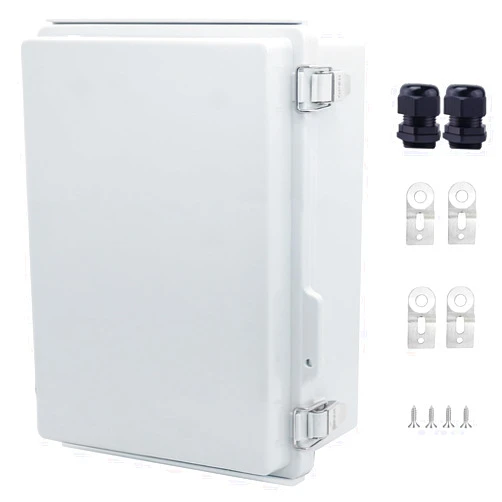 LuSumtly IP67 Waterproof Junction Box, ABS Plastic Electrical Enclosure with Stainless Steel Latch, Hinged Cover Electric Box with Mounting Plate, Wall Brackets & Cable Glands 280x190x130mm