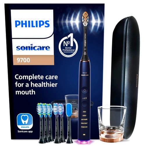 Philips Sonicare DiamondClean Smart 9700 Electric Toothbrush, Sonic Toothbrush with App, Pressure Sensor, Brush Head Detection, 5 Brushing Modes and 3 Intensity Levels, Lunar Blue, Model HX9957/71