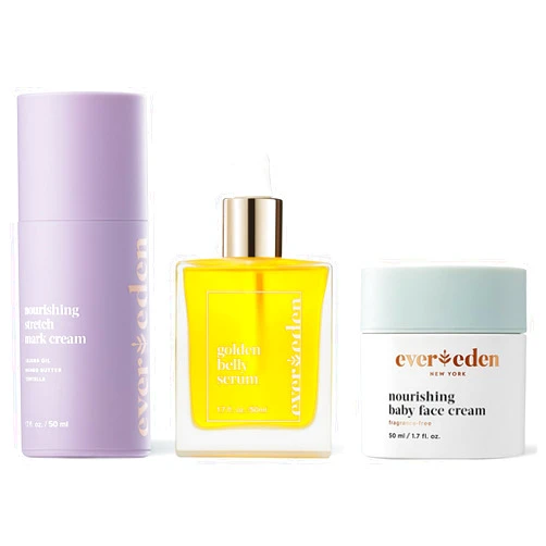 Evereden Mama & Baby Discovery Set - Dermatologist-Developed Clean & Vegan Maternity Skin Care Bundle - Stretch Mark Cream, Belly Serum, & Nourishing Baby Face Cream - Postpartum Gifts for New Mom