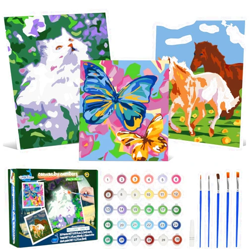 Wings Giant Paint-by-Numbers for Kids Ages 8-12 - Acrylic Paint Set, Paint by Numbers, Glow in The Dark, DIY Craft, Include 3 Canvas Framed with 30 Pots, 5 Brushes, Horse Paint by Number, Wooden Crafts to Paint