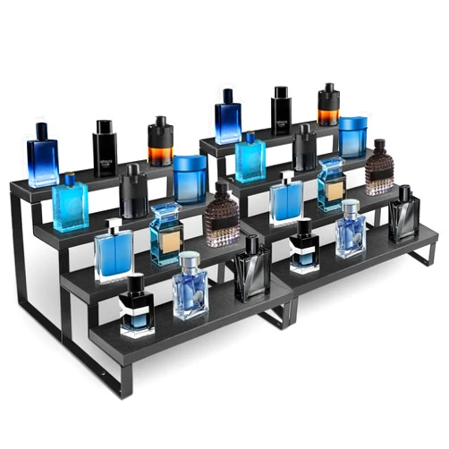 HomePekite Wooden Display Riser Stand, Tiered Perfume and Cologne Organizer Stand, 4 Tier Spice Rack Organizer, Rustic Display Shelf for Candles (4 Tier 2 Pcs), Black