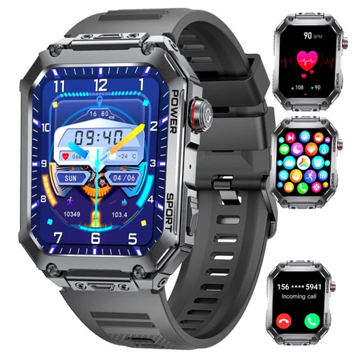 SUNKTA Military Smart Watch for Men with Answer/Make Calls,1.96'' HD Touchscreen,100+ Sports Modes Fitness Watch with Sleep Monitor/Blood Pressure/Heart Rate IP68 Waterproof Rugged Smartwatch Black