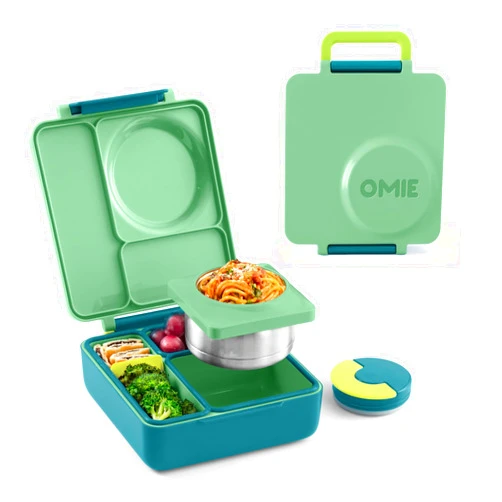 Omie OmieBox Bento Box for Kids - Insulated Lunch Box with Leak Proof Thermos Food Jar - 3 Compartments, 2 Temperature Zones - (Meadow) (Single)