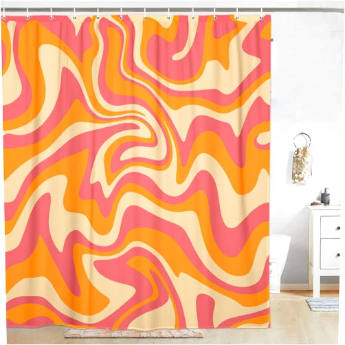 LKFBSC 70S 60S Boho Aesthetic Shower Curtain, Abstract Waves Swirl Cute Retro Groovy Shower Curtains Set, Orange Red Shower Curtains Bathroom Curtain with Hooks 72x72inches