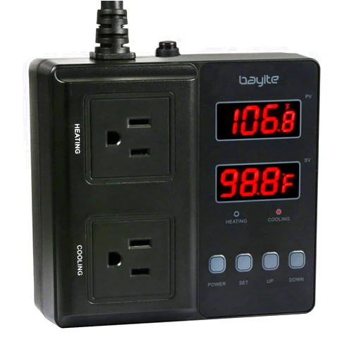 bayite Temperature Controller 1650W 15A BTC211 Dual Digital Outlet Thermostat Plug, Pre-Wired, 2 Stage Heating and Cooling Mode, 110V - 240V, Fermentation BBQ Reptile Aquarium