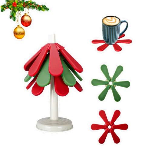 MiiMoo Tree Coasters, Silicone Trivets for Hot Pots and Pans, 3 Heat-Resistant Coasters with Stand, Ideal for Christmas Kitchen Decor (Round Base)